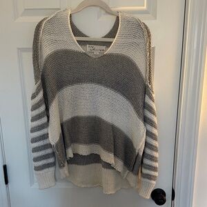 Vince Camuto Gray and Cream Striped V-Neck Sweater